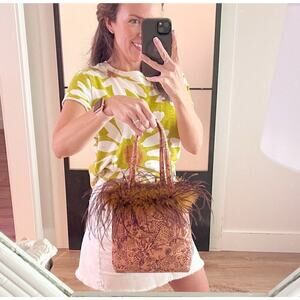 Vintage Y2K Leopard Faux Fabric Purse Tote Ostrich Feathers Trim clueless juicy